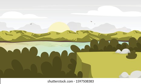 Forest view flat vector illustration. Sunrise in woods with water stream. Science park with lake. Sunset in woodland. Outdoor panoramic scene. Mountain peak. Green environment cartoon background