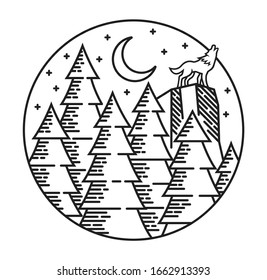 Ilustración de línea de vista de bosque. dibujado a mano