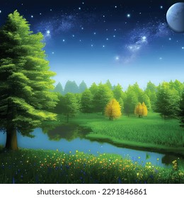 forest view at night green meadow forest in the moonlight night with stars