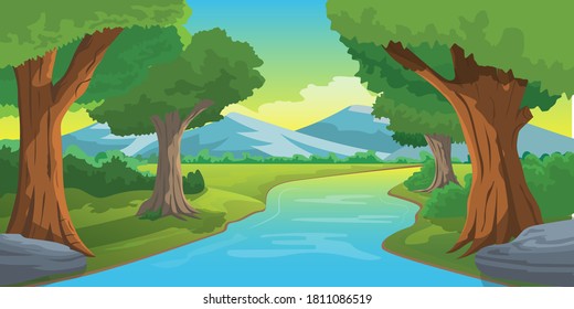 Forest view with river and mountain beautiful sky panorama landscape background