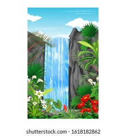 Forest View With Waterfall, Rock Hill, Tropical Plant, And Flower Cartoon