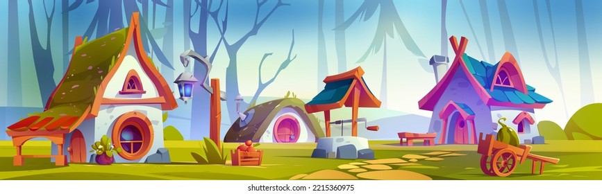 Walddorf oder Zwergtal mit Märchenhäusern. Rutsche Gebäude und Sachen von Elf, Gnome oder Zwerg, gut und Laterne auf grünem Feld. Steinwohnungen auf Fantasy-Holz, Cartoon-Vektorgrafik