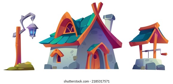 El conjunto de objetos del pueblo forestal o del valle enanos. Caricatura de un cuento de hadas o casa enana, bien y linterna. Vivienda de piedra vectorial aislada para gnome con puerta de madera, techo inclinado de baldosas, edificios de fantasía