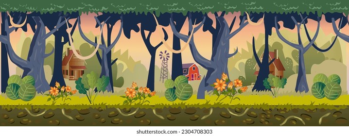 Forest Village Game Background and Vector Illustration