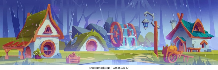 Forest village with gnome or fairies houses in rain. Summer woods landscape with trees, cute fantasy cottages, water mill and lantern in rainy weather, vector cartoon illustration