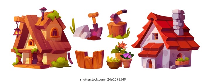 Forest village house for cartoon fairytale vector. Wood cottage with garden element set. Gnome or hobbit shack with window, fence, shovel and axe. Medieval rural cabin with flower pot decoration