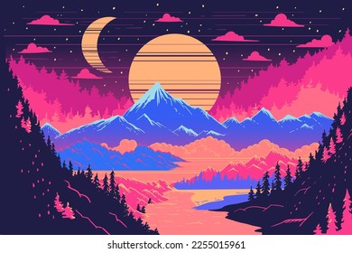 Forest  vintage night mountains landscape, 90's , 80's neon pink colors