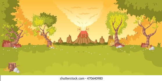 Forest with volcano, grass and trees. Prehistoric nature landscape.
