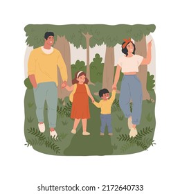 La caminata forestal aisló la ilustración vectorial de dibujos animados. Familia caminando juntos en el bosque, niños sosteniendo manos de sus padres, observación de la naturaleza, camping de verano, dibujos animados de vectores de bosques silvestres.