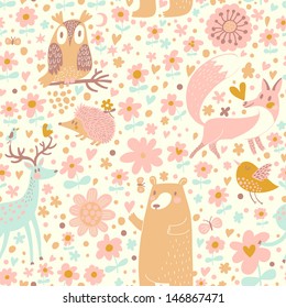 Forest wallpaper with bear, owl, fox, deer, bird and hedgehog in childish cartoon style.Seamless pattern can be used for wallpaper, pattern fills, web page background, surface textures.