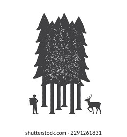 Forest wanderer and deer. Vector illustration with traveler and deer in forest in polychrome color on isolated white background