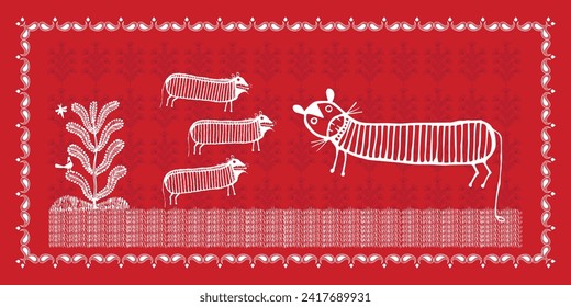 Forest Warli Painting showing tiger and hyena fighting. Warli Painting - Savage Forest Clash. Forest Warli Art, Tribal Wildlife Battle Illustration, Jungle Predator Fight Painting.