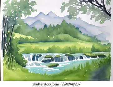 forest and waterfall drawn digital painting watercolor illustration