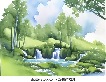 forest and waterfall drawn digital painting watercolor illustration