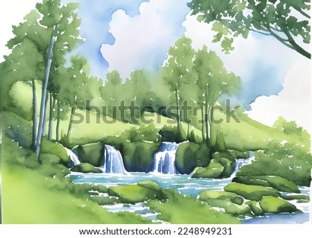 forest and waterfall drawn digital painting watercolor illustration