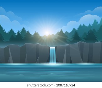 Forest waterfall landscape. Lake with trees and river cascade green calm scene, water fall flood and rocks vector illustration for tourism camp vacation