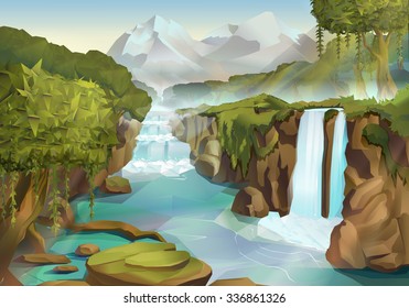 Forest and waterfall, nature landscape vector background