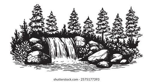 forest waterfall with rocks and pine trees in black and white illustration