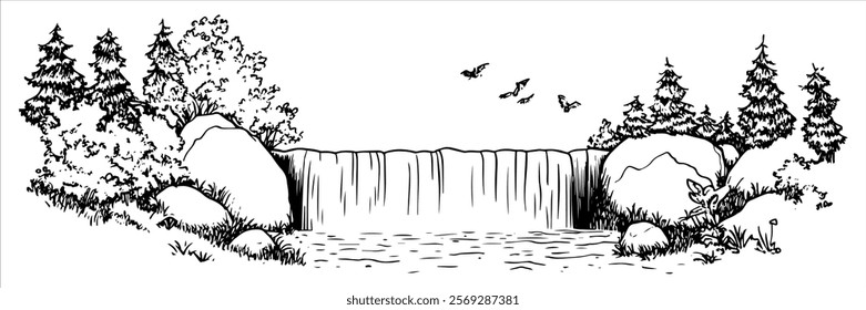 forest waterfall surrounded by rocks and trees hand drawn doodle sketch