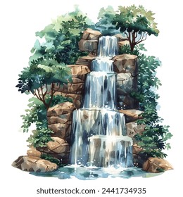 forest waterfall vector illustration in watercolour style