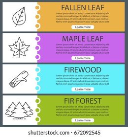 Forest web banner templates set. Maple leaf, fir trees, firewood. Website color menu items with linear icons. Vector headers design concepts