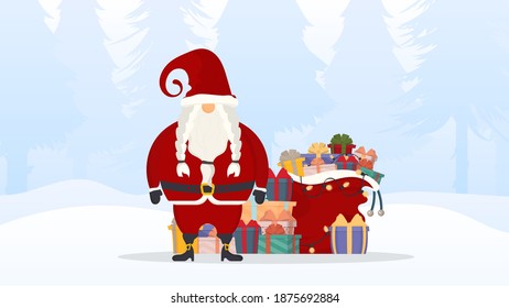 Forest with white trees and snow. Santa Claus with a mountain of gifts and a red sack stands in the winter forest. Vector.