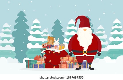 Forest with white trees and snow. Santa Claus with a mountain of gifts and a red sack stands in the winter forest. Vector.