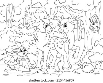 Forest and wild animals, deer and forest dwellers. Vector illustration, children coloring book.