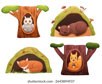 Forest wild animals in den on tree branch and underground. Cute home for winter sleep