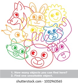 Forest wild animals faces elements set, collection of coloring book template, the group of outline digital elements vector illustration, kid educational game page.