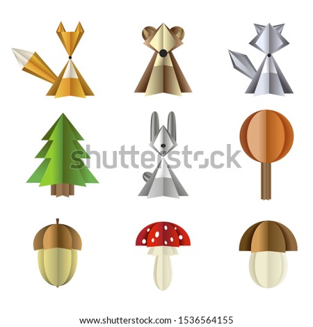 Forest wild animals and plants illustration. Vector set of isolated objects on a white background paper cut out. Icons of fox, wolf, bear and hare. Forest mushrooms Amanita and acorn