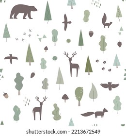 Forest with wild animals seamless pattern for textile, camping staff, web design, wrap. Vector illustration