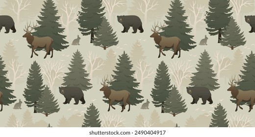 Patrón sin fisuras de animales silvestres del bosque. Naturaleza con ilustración de árboles. Diseño de Fondo de pantalla paisajístico.