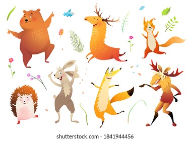 Forest wild baby animals collection for kids bear fox moose hedgehog and squirrel and other pets. Cute wildlife set for children design, vector character illustration in watercolor style.