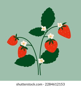 Berry silvestre forestal, ilustración vectorial plana de fresa, impresión de verano