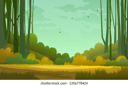 Paisagem selvagem da floresta. Fundo abstrato. Modelo para seus trabalhos de design. Copie o espaço no centro. Ilustração vetorial