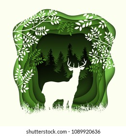 Forest wilderness landscape. Deer silhouettes. Abstract 3D background. Paper cut shapes. Template for your design works. Vector illustration.