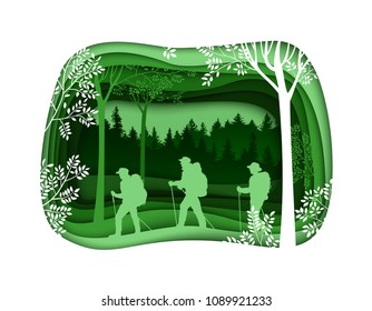 Forest wilderness landscape. People with backpacks silhouettes. Abstract 3D background. Paper cut shapes. Template for your design works. Vector illustration.