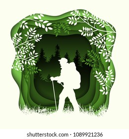 Forest wilderness landscape. People with backpacks silhouettes. Abstract 3D background. Paper cut shapes. Template for your design works. Vector illustration.