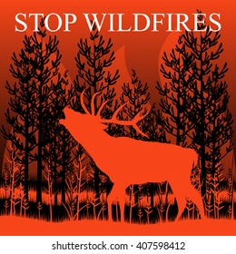 Forest wildfire with deer silhouette. Hand drawn vector illustration.