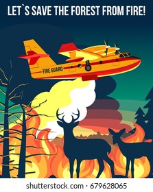 Forest wildfire with  fire amphibian aircraft & deer with fawn looking on wildfire vector illustration poster or banner