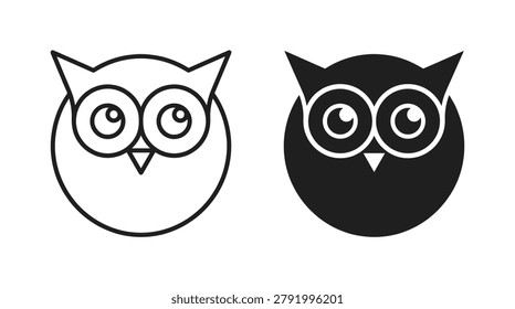 Forest wildlife animal decorative elements set, minimalist line, rounded owls, staring eyes, feathers, and woodland signs