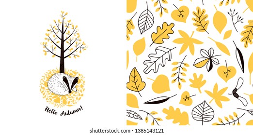 Forest wildlife childish fashion textile graphics set with t-shirt print and accompanied tileable background in decorative Scandinavian style. Cute badger sleeping in fall leaves under the tree