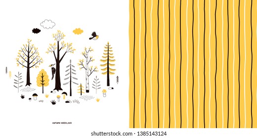 Forest wildlife childish fashion textile graphics set with t-shirt print and accompanied tileable background in decorative Scandinavian style. Woody landscape scene illustration. Doodle vertical