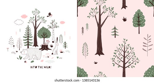 Forest wildlife childish fashion textile graphics set with t-shirt print and accompanied tileable background in decorative Scandinavian style. Woody landscape scene with cute bear illustration