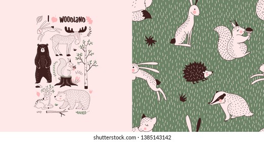 Forest wildlife childish fashion textile graphics set with t-shirt print and accompanied tileable background in decorative Scandinavian style. Woody landscape elements Bear Hare Squirrel Moose Deer