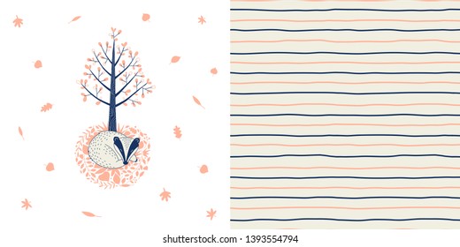 Forest wildlife childish fashion textile graphics set with t-shirt print and accompanied tileable background in decorative Scandinavian style. Cute badger sleeping in fall leaves under the tree