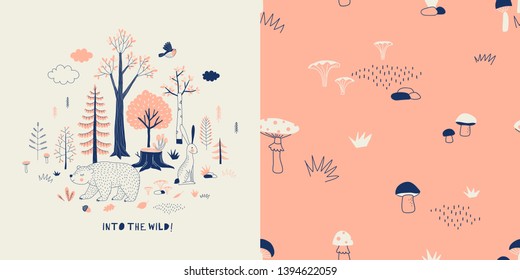 Forest wildlife childish fashion textile graphics set with t-shirt print and accompanied tileable background in decorative Scandinavian style. Woody landscape scene with cute bear hare illustration