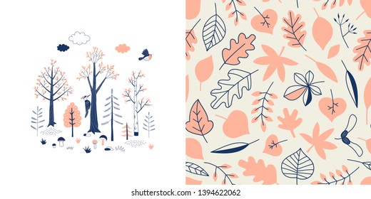 Forest wildlife childish fashion textile graphics set with t-shirt print and accompanied tileable background in decorative Scandinavian style. Woody landscape scene illustration. Woodland Tree Leaves