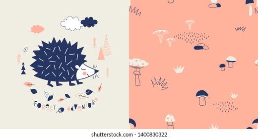 Forest wildlife childish fashion textile graphics set with t-shirt print and accompanied tileable background in decorative Scandinavian style. Cute little hedgehog illustration with lettering